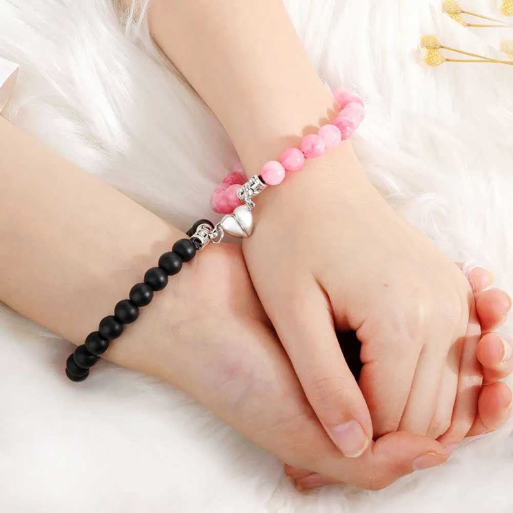 2PCS/Set Bead Bracelet Couple Natural Stone Distance Magnetic Heart Bracelet Mens Fashion Wedding Jewelry Gift W240913