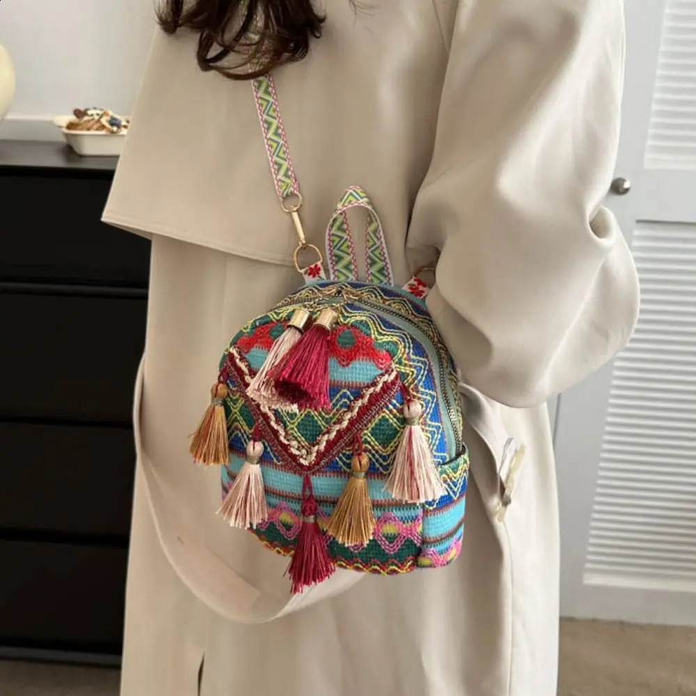 Embroidery ethnic style tassel backpack striped elementary school bag canvas tassel shoulder bag Korean style large capacity 240912