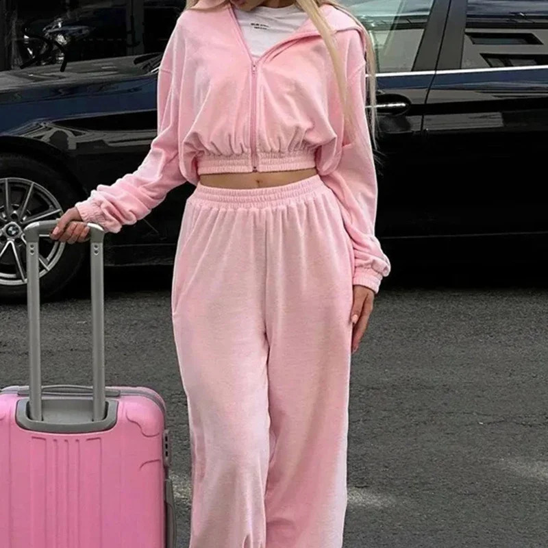 Syiwidii Casual Women Suits Chic Hooded Zipper Cropped Coat Loose Sweatpants Autumn Winter Fashion High Street 2 Pieces Sets 240910