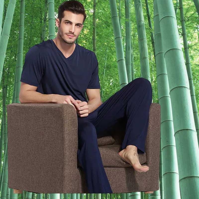Bamboo Fiber Mens Lounge Wear Comfort Soft Sleepwear For Sleeping Short Sleeve Tshirt Top Male Trouser With Pocket Pajamas Sets Y240913