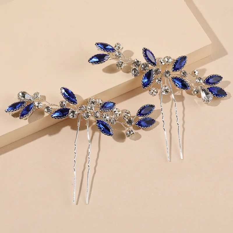 Blue Leaf Hairpin Wedding Hair Accessories For Women U-shaped Crystal Hair Clip Fork 2023 New Bride Hair Jewelry Marrige TiarasX240913
