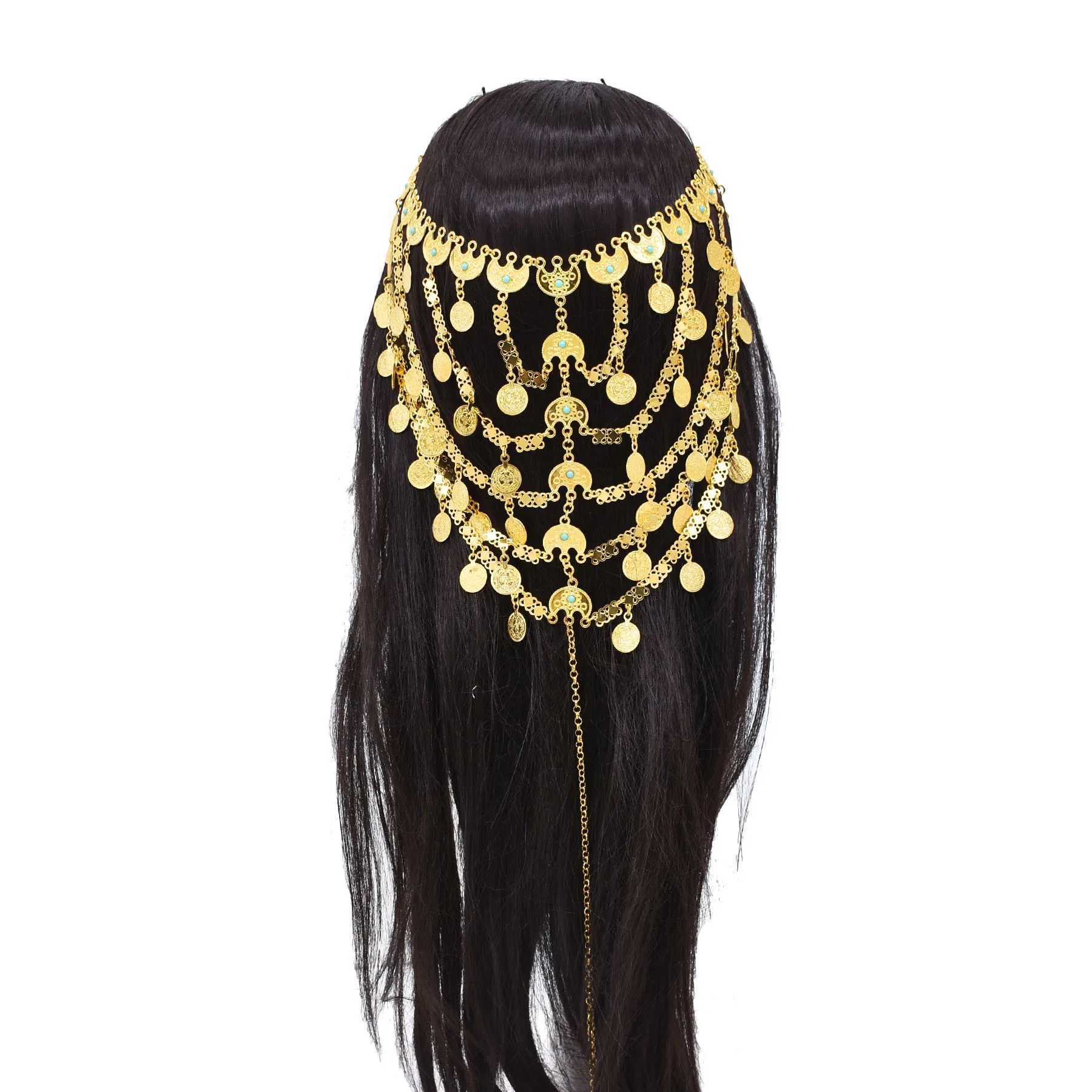 Golden Coin Sequin Moon Long Chains Tassel Hair Accessories for Women Luxury Dubai Arab Ethnic Bridal Wedding Headwear JewelryX240913