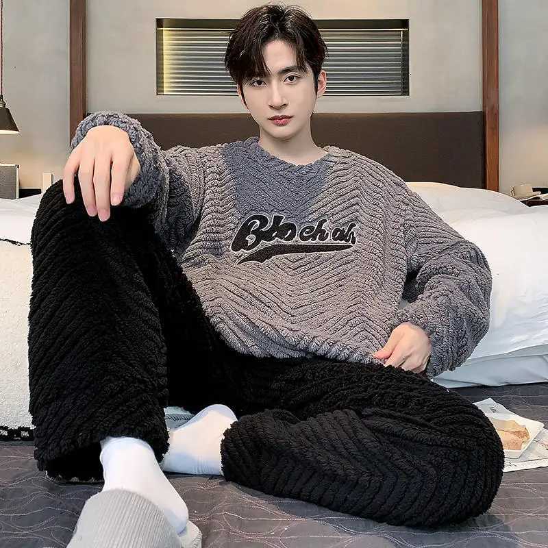 2024 Winter Men Fleece Casual Long Sleeve Pajamas Set Coral Velvet Cute Cartoon Sleepwear Plush Thicken Warm Homewear 3XL Y240913
