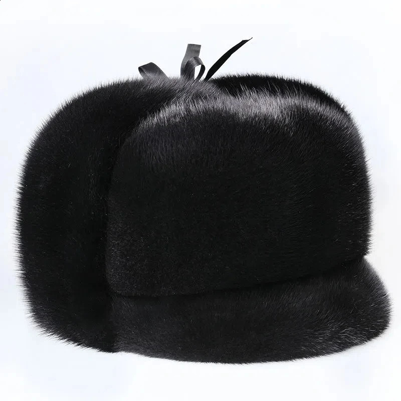 2024 Winter Unisex Top Real Mink Fur Bomber Hat Male Genuine Marten Head Warm BlackBrown Caps Gift For parent Gorras 240910