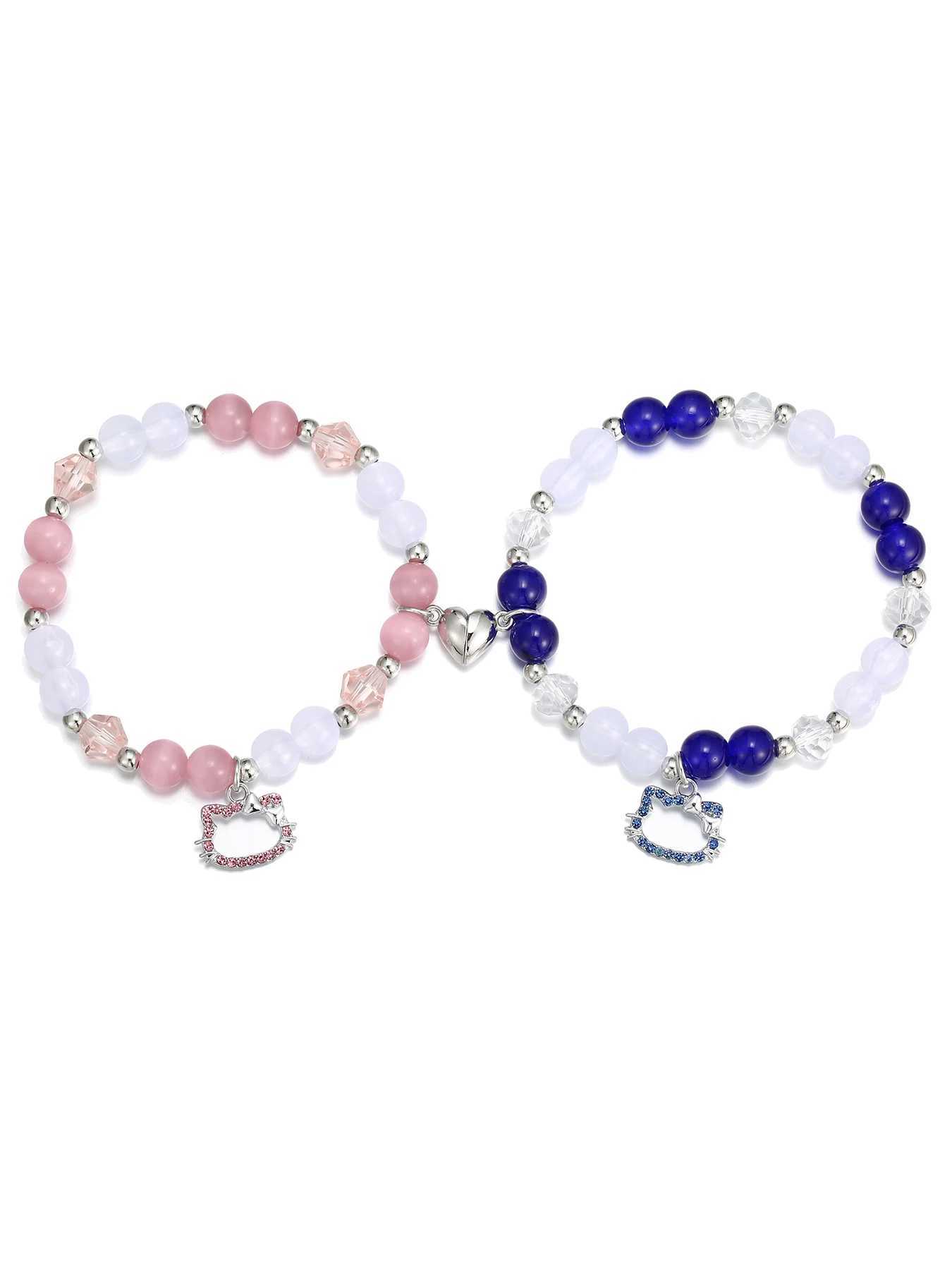 2 cute cat pendant heart-shaped magnetic bead elastic couple bracelet Bff trend jewelry gift W240913