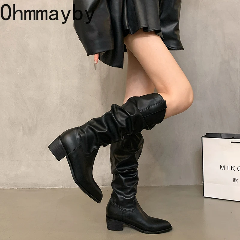 Style Retro Women Western Cowgirl Boots Fashion Slip On Shoes Autumn Winter Square Low Heel Ladies Knight Long Booties 5ff1