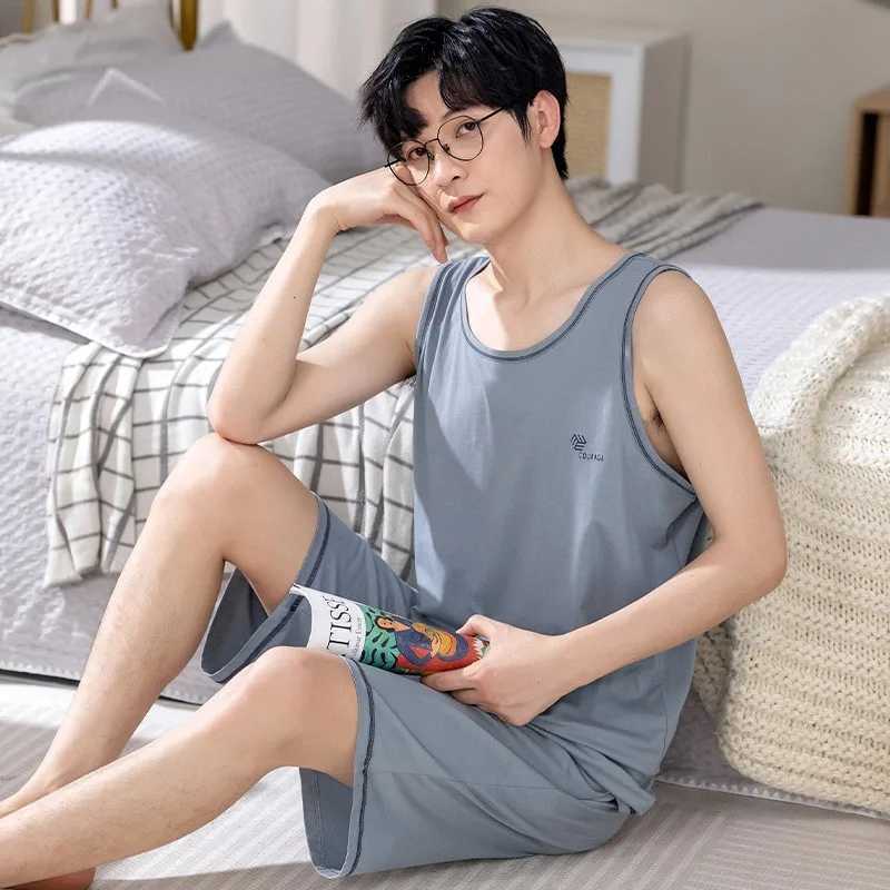 Mens Pajamas Set Summer New O-neck Shorts Knitted Cotton Pijamas Leisure Loungewear Casual Man Sleepwear Sleeveless Nightwear Y240913