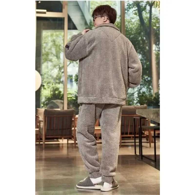 Thickened Pajamas Young Coral Sleepwear Students Zipper Suit Loungewear 2023 New Velvet Loose Men Winter Homewear Autumn Y240913