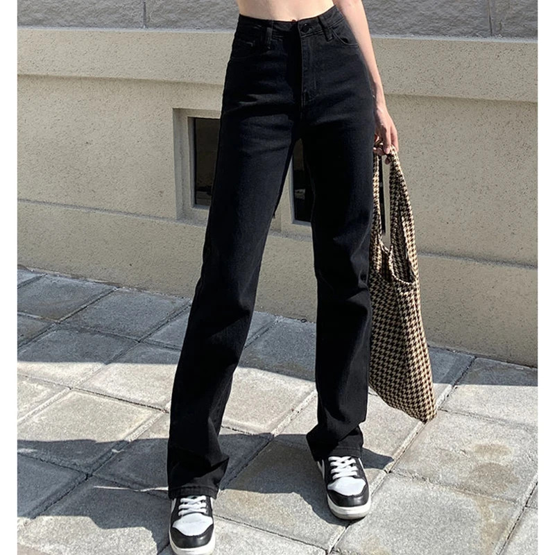 Woman Korean High Waist Streetwear Straight Leg Jeans Girls Y2k Clothes Pants Female Fashion Black Baggy Haruku Denim Trousers