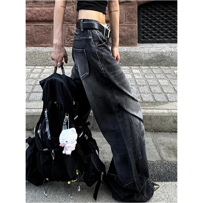 Women Black Jeans Contrasting Colors High Waist American Street Wide Leg Pants Fashion Hip Hop Vintage Straight Autumn Trousers