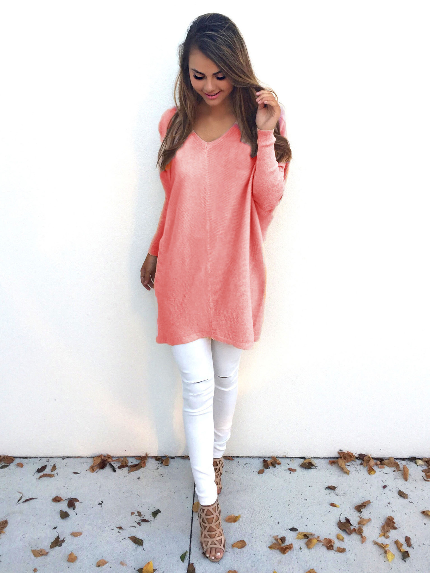 Fashion autumn V-neck long sleeved women's thin sweater