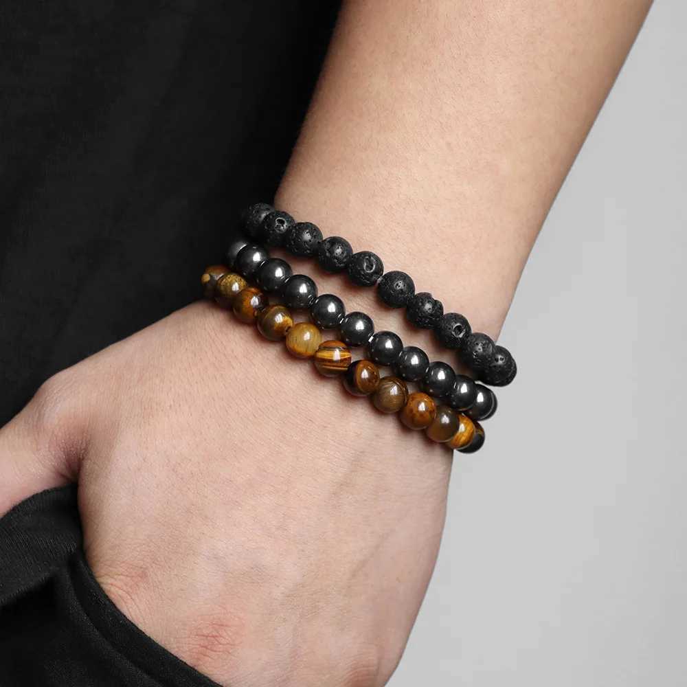 Retro Mens Stone Bracelet 3Pcs Natural Holite Lava Tiger Eye Hematite Bead Elastic Bracelet Set Treatment Energy Jewelry Gift W240913