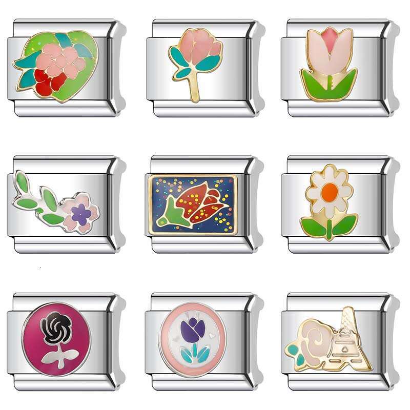 New Women's Gift Romantic Flower Bead Italian Charms Links Bangle Beads Fit 9mm Stainless Steel Bracelet Making DIY For Women Fashion Jewelry