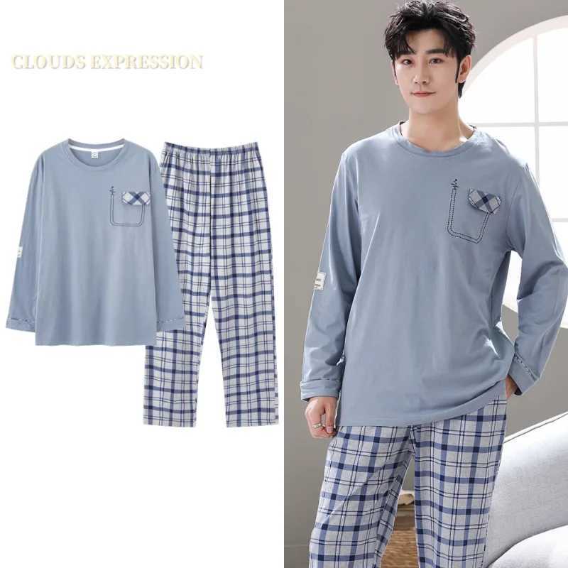 Spring Autumn L-4XL Knitted Cotton Simple Mens Pyjamas Suits Pajamas Set Casual Male Sleepwear Pyjamas Night Pijamas Homewear Y240913