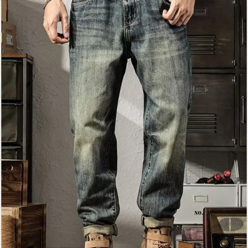 American Style Chaopai Simplicity Spring Autumn Jeans Mens Pockets Zipper Distress High Street Casual Loose Straight Pants 240911