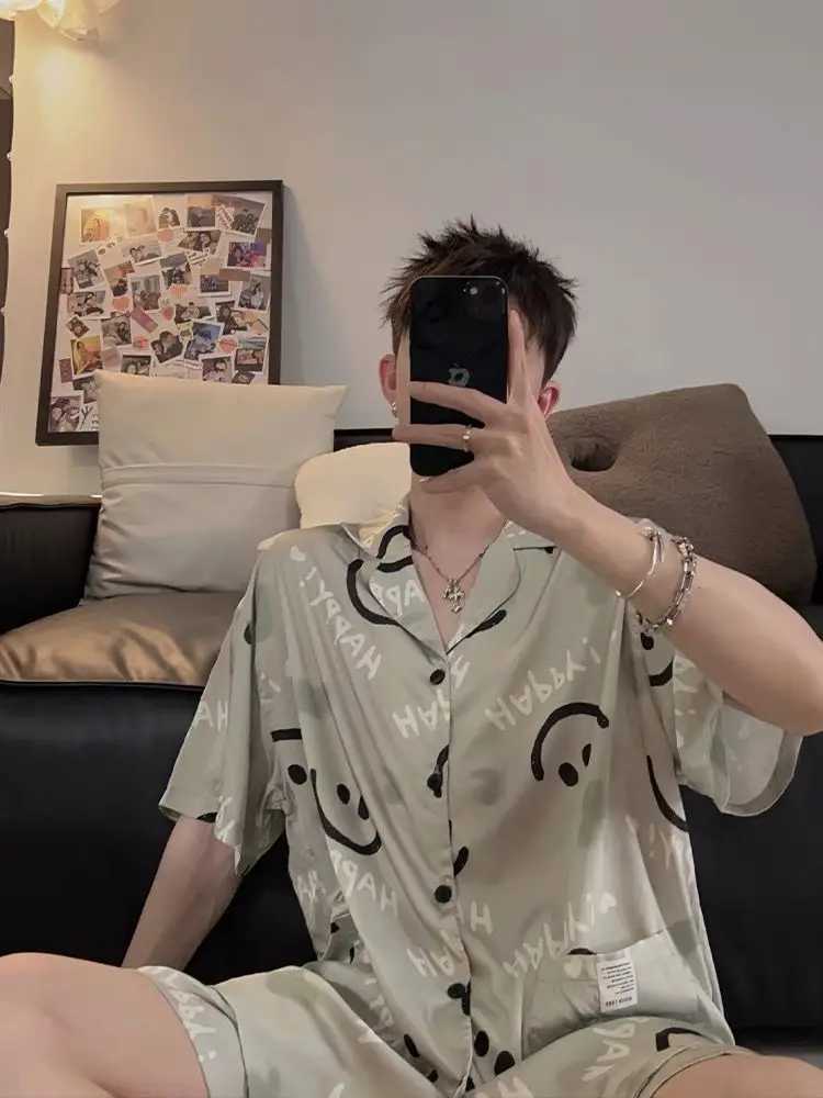 Pijamas Men Ice Silk Sleepwear Short Sleeve Tops Cardigan Shorts Two-piece Sets Summer Loungewear Casual Pajamas Sets New Y240913