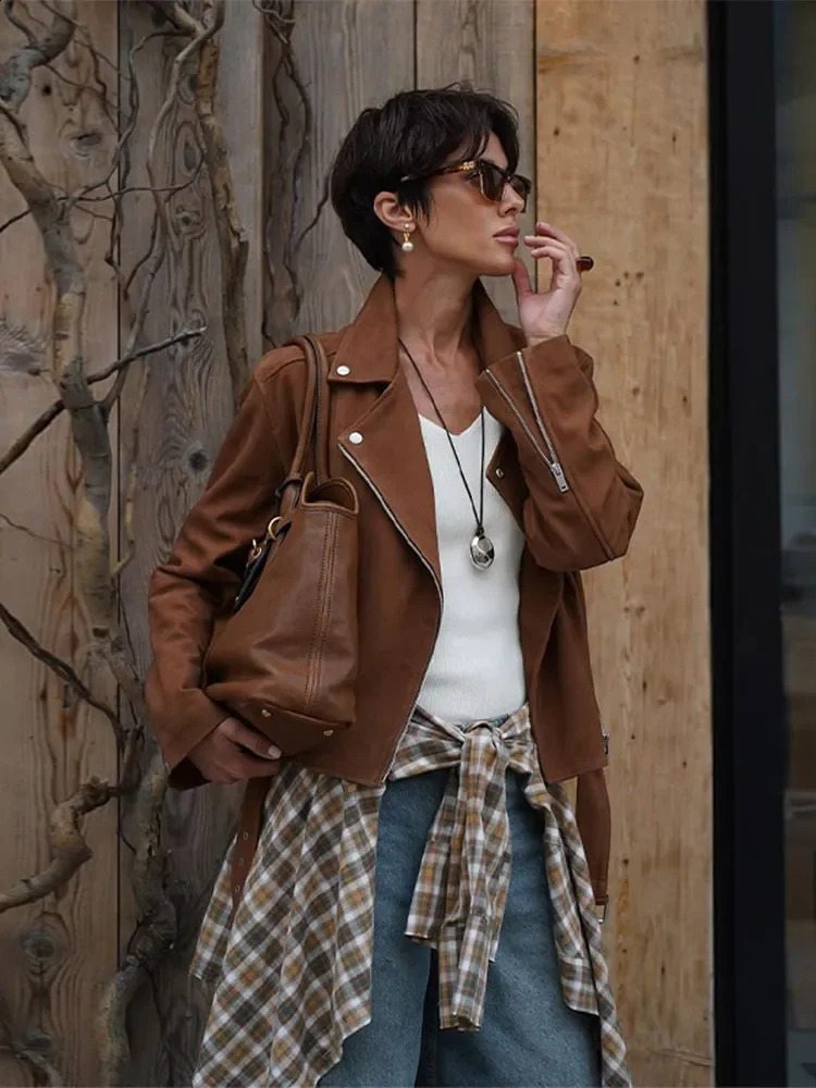 Women Fashion Lapel Diagonal Zipper Short Jacket With Belt Elegant Solid Long Sleeves Pocket Crop Coat Autumn Chic Lady Outwear 240911