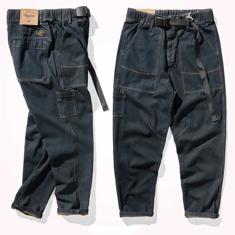 Retro work jeans in autumn mens loose multi-bag straight trousers M240912