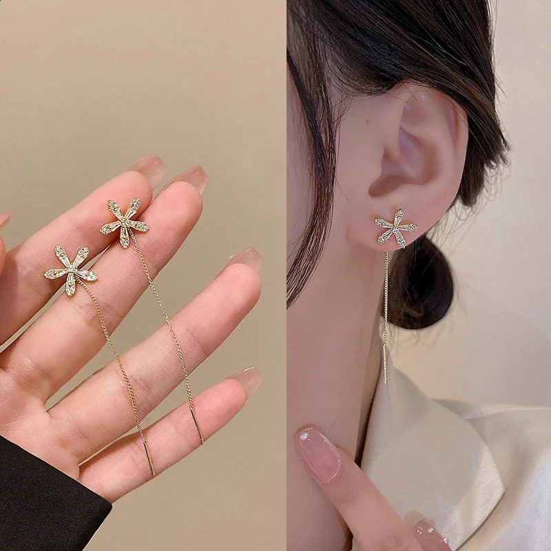 S925 Silver Needle Microinlaid Zircon Flower Ear Line Exquisite Light High Quality Drop Earring Star Jewelry Gifts 240906