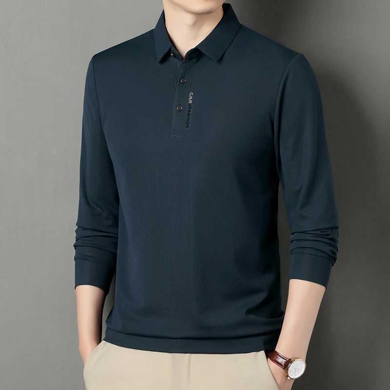New mens long sleeved polo shirt for autumn 2024 business casual slim fit elastic top fashion classic solid color mens brand T-shirt W250414