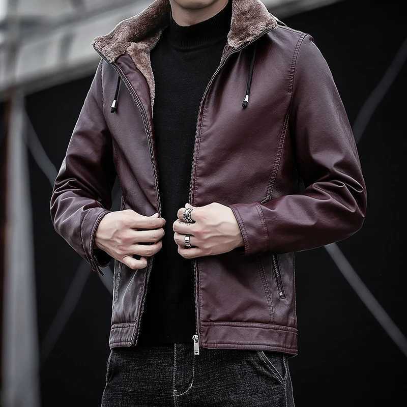Mens 2024 Winter Warm Faux Leather Jacket Men Solid Long Sleeve PU Leather Coat fur Collar Fit Mens Jacket hooded Coats jacketX240913