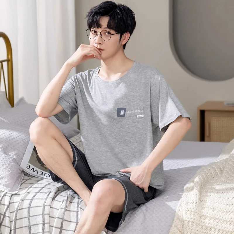 New Arrival Pajamas Mens Cotton Short-sleeved Summer Mens Teen Homewear 2-Piece Suit Breathable Casual Loungewear Homme Y240913