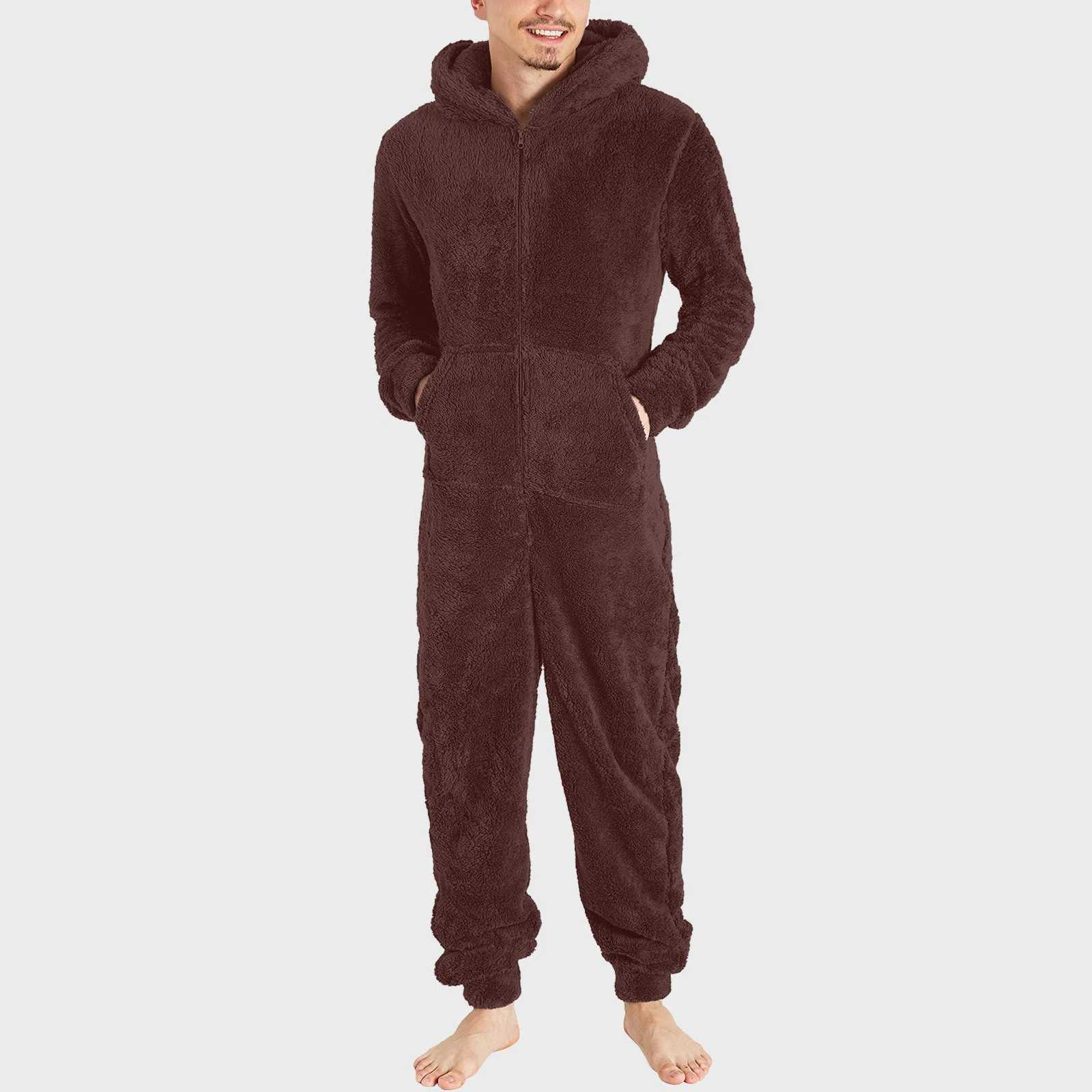 Men Jumpsuit Long Sleeve Pajama Solid Zipper Hooded Jumpsuit Casual Winter Warm Sleepwear Comfortable Male Home Clothing 2024 Y240913