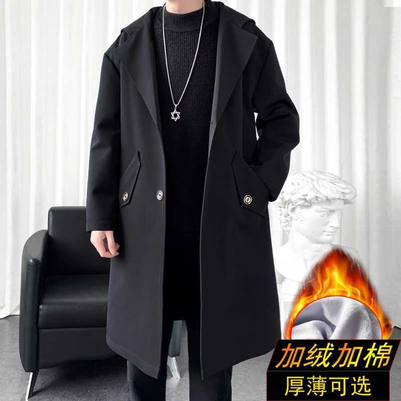 Mens Windbreaker Long Fleece Trench Coat Harajuku Mid-Length Casual Hip Hop Hooded Outwear Streetwear Overcoats Y240913