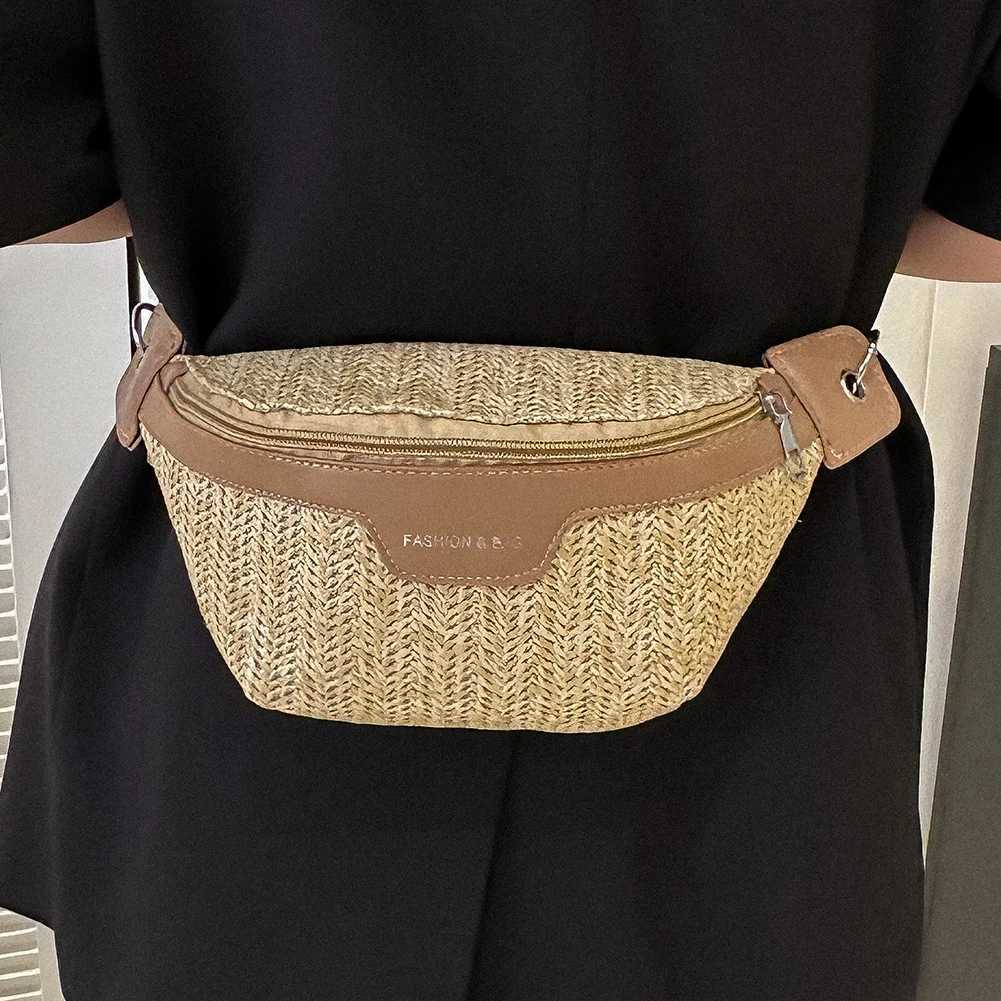 Womens Waist Pack Leather Straw Woven Chest Bag Travel Casual Shoulder Crossbody Bags For Women Summer Fanny Pack Purse Z240912