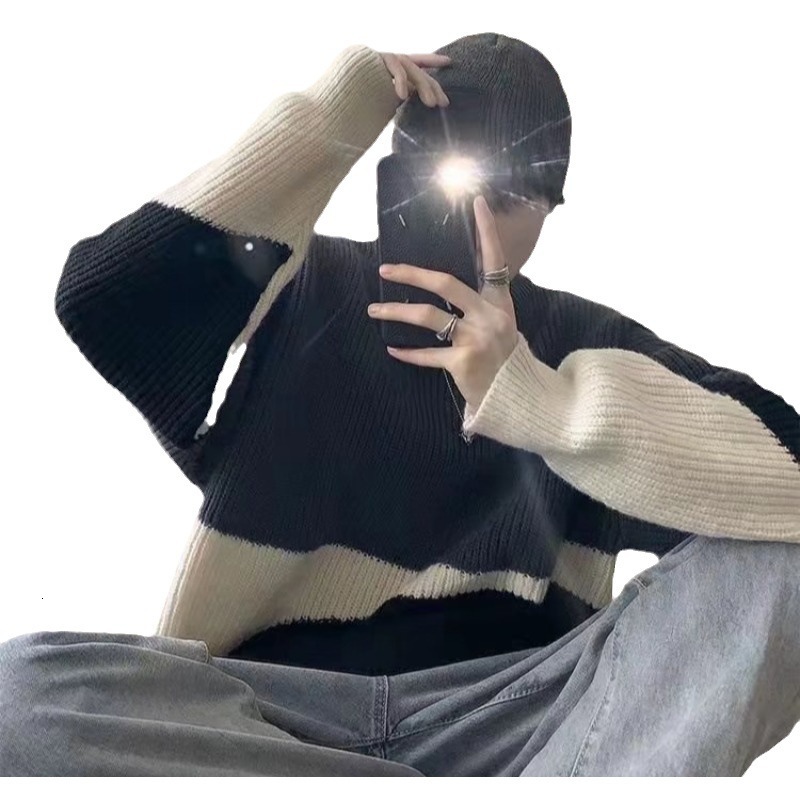 Men Sweaters Color blocking round neck sweater men autumn and winter trend thick knit sweater loose and lazy style hundred tie jacket Mens crew neck s
