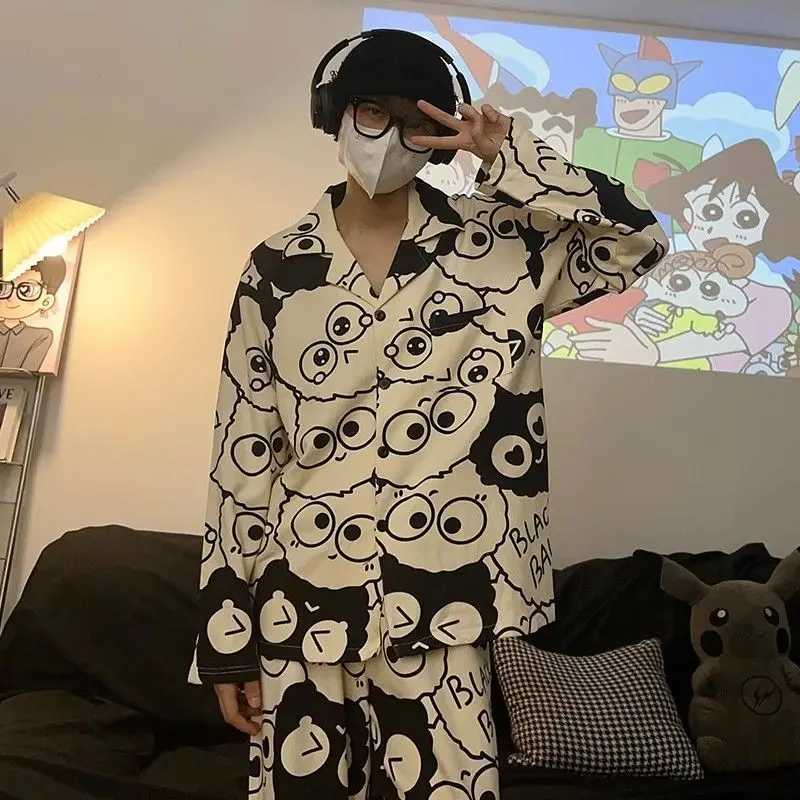 Latest Cartoon Pajamas Men Long Sleeve Nightdress Spring Autumn Youth Sleepwear Loose Casual Loungewear Set Lapel Print Pyjamas Y240913