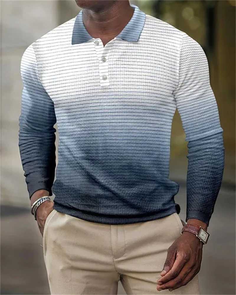 Mens casual spring and summer long sleeved polo shirt mens T-shirt geometric splicing printed clothing top-level T-shirt W240913