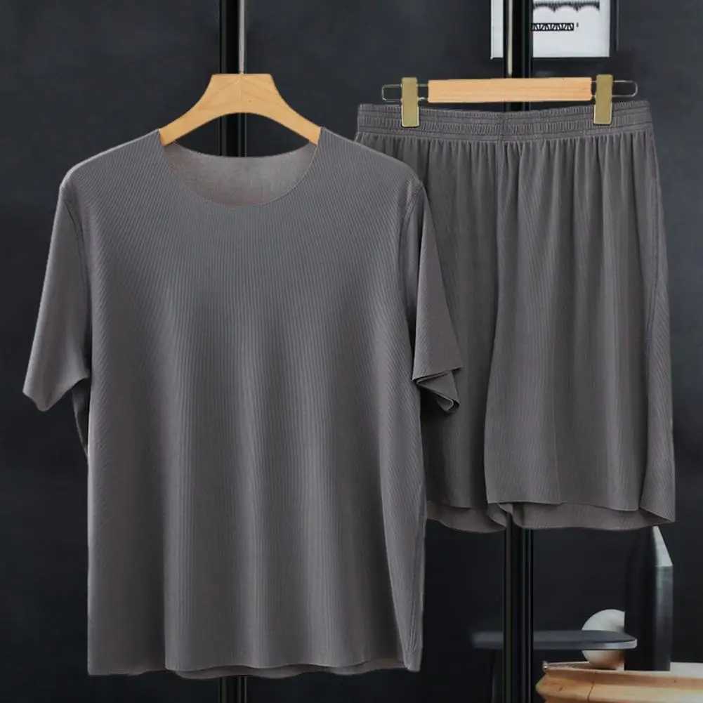 Men Homewear Set Mens Pajama Set O-Neck Short Sleeve Tops Elastic Waist Wide Leg Shorts Set Solid Color Ice Silk Male Homewear Y240913