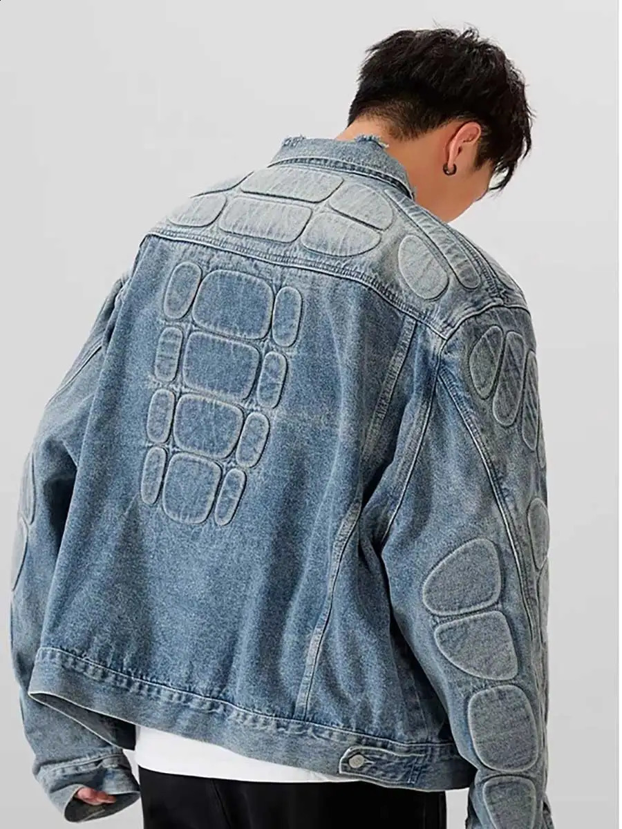 REDDACHIC 3D Padded Demi-season Denim Jacket Men Heavy Industry Vintage Wash Ripped Hole Y2k Oversize Coat Fall Winter Outerwear 240913