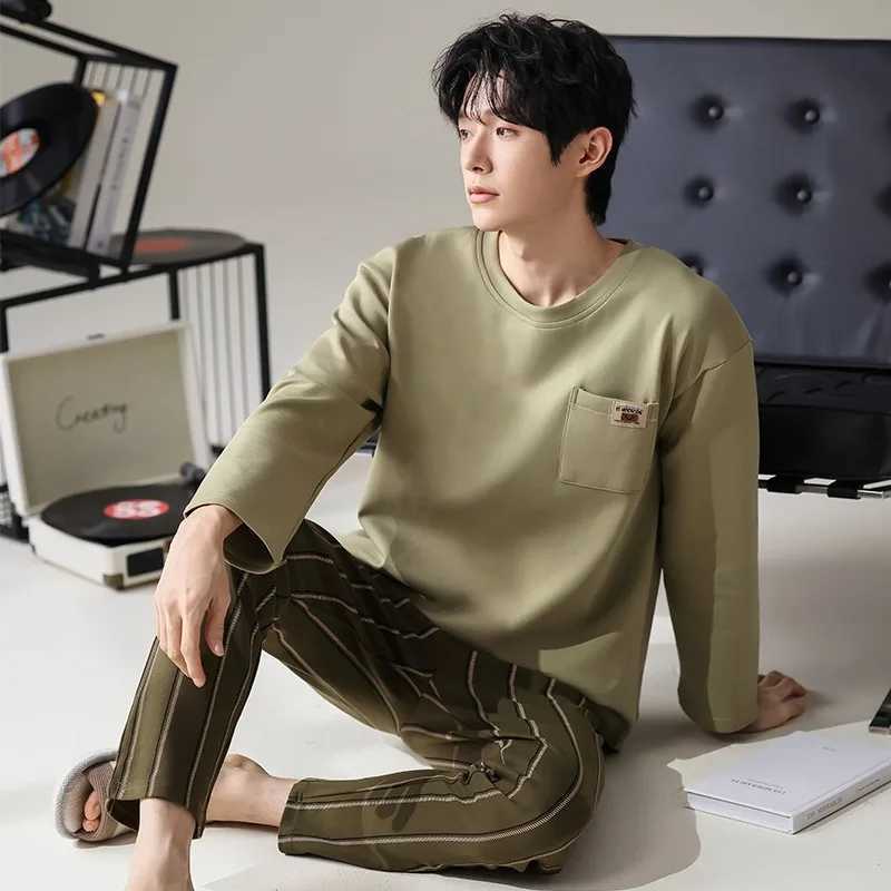 2024 100% Cotton Sleepwear for Men Long Sleeves Sleeping Top Pant Nightwear Young Boy Male Nightwear Striped Home Clothes Y240913