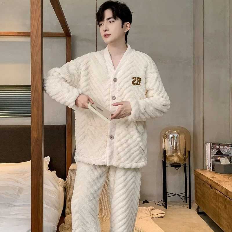 Mens Winter Warm Coral Fleece Pajama Sets Fluffy Coat + Long Pants Male Sleepwear for Sleeping 2 Pieces Home Wear Loungewear Y240913