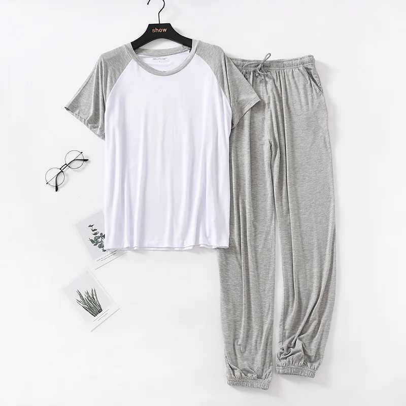 Japanese spring and summer mens pajamas suit modal short-sleeved trousers thin stitching plus fat large size loose home service Y240913