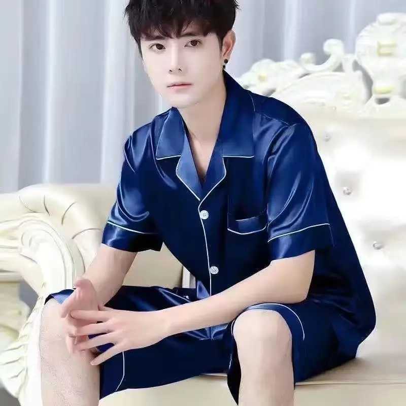 Summer Solid Color Mens Pajamas Silk Satin Sleepwear Big Size Short Sleeve Button-Down Pyjamas Home Suit Pijama Lounge Pjs Sets Y240913