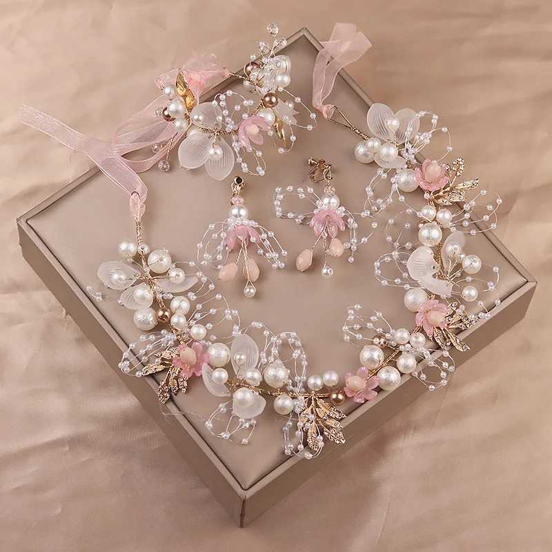 handmade bride hair accessories pink flower wedding headdress crystal headpiece pearl headband for women weddingX240913