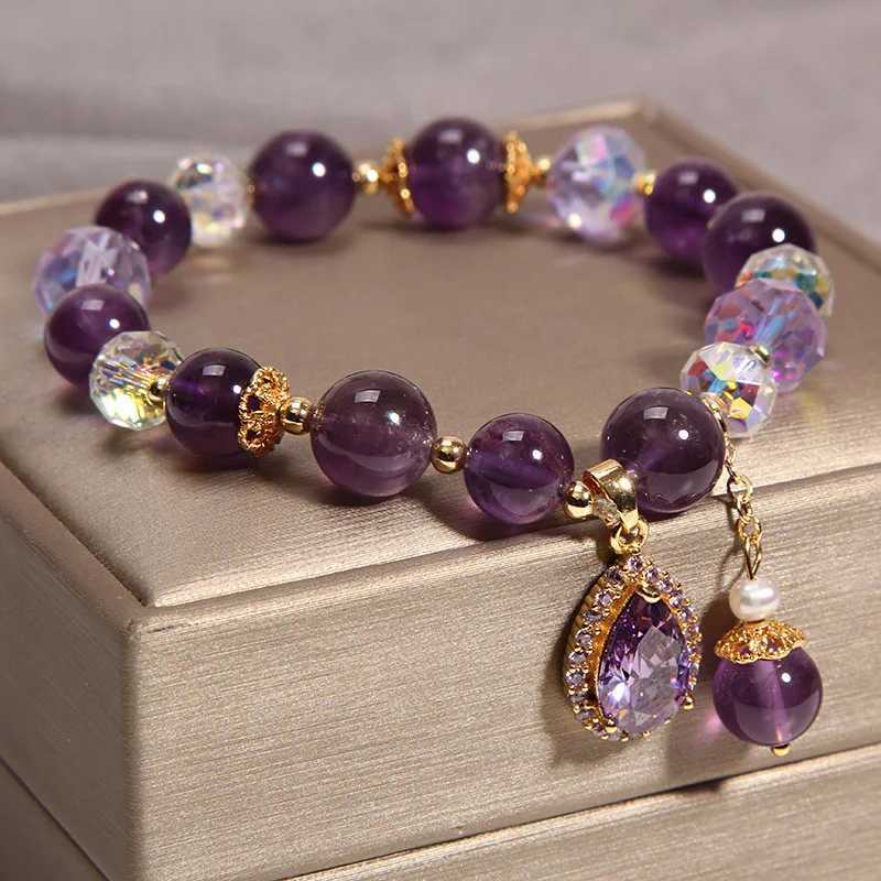 FEEHOW 2024 New Amethyst Bead Bracelet Suitable for Women Shining Zircon Flower Water Drop Charm Fashionable Party Handmade Jewelry W240913