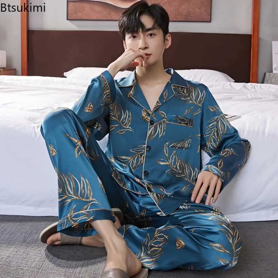 New Loungewear Mens Fashion Long Sleeve+Pants Satin Soft Pajama Sets Comfort Jacquard Ice Silk Home Wear Sleepwear Suit for Men Y240913