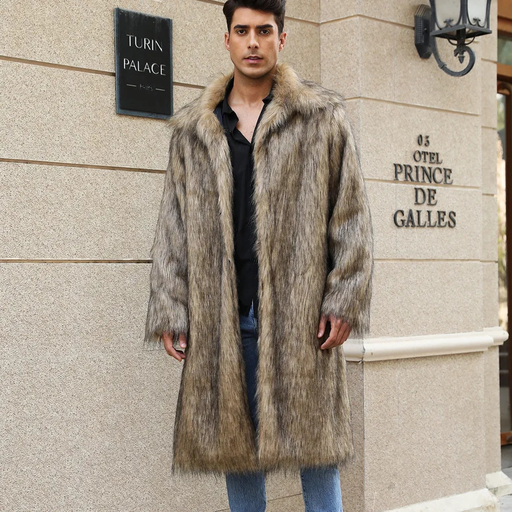 Coat Mens Warm Faux Fur Loose Autumn Winter Brown Long Coats Turn Down Collar Sleeve Men High Waist Maxi Elegant Jacket 240911