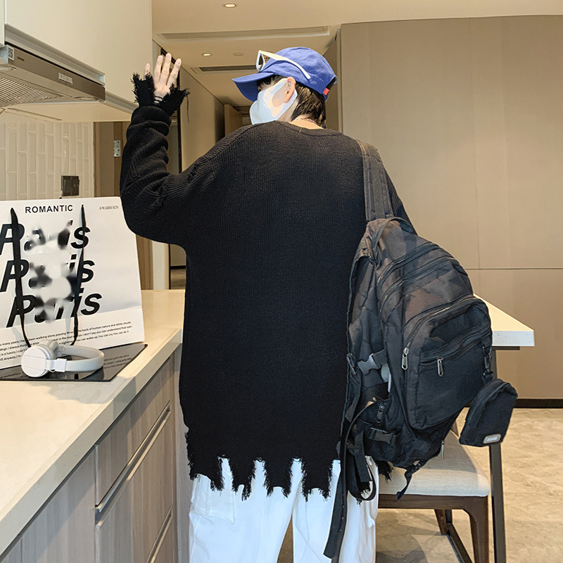 Halloween Men Sweaters Shabby style American high street ripped couple sweater mens loose knit sweater winter new thick sweater Mens crew neck sweater