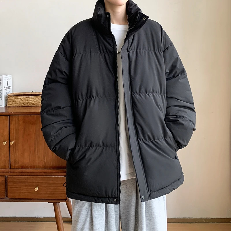 Leisure autumn and winter mens warm cotton lined jacket loose and thick Parkas solid color windproof down jacket 240909