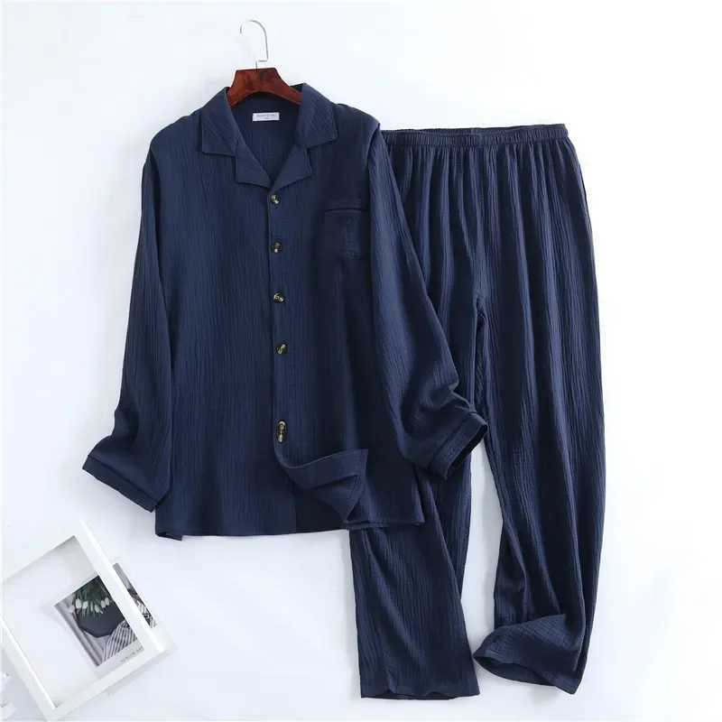 Spring New Products Mens Water Texture Crepe Gauze Suit Collar Pajamas Solid Color Button Home Set Qualities Mens Lounge Wear Y240913