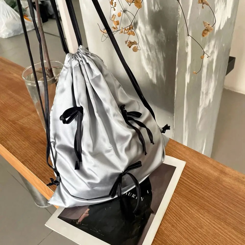 Creative Satin Bow Drawstring Backpack Large Capacity Y2K Travel Backpack Korean Shoulder Bag School Bag 240912