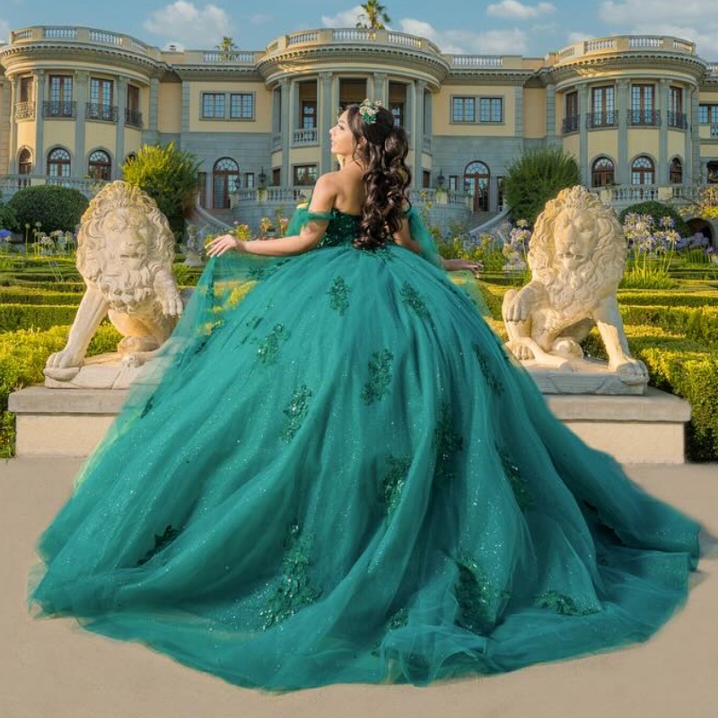 Emerald Green Shiny Off The Shoulder Quinceanera Dresses Sweetheart Princess Applique Lace Beads Tull Sweet 16 Dress Vestidos 15 De Xv Anos