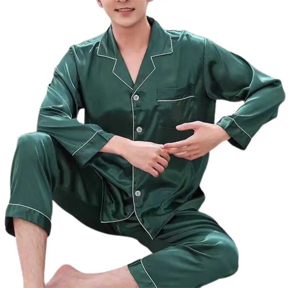 New Elegant Satin Mens Pajama Sets Long Button Sleepwear Male Sleeping Home Clothes Silk Night Wear Pijama Big Size Loungewear Y240913