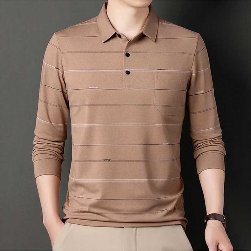 Mens high-quality Korean fashion striped polo shirt spring and autumn casual long sleeved T-shirt mens Pullover basic top W240913