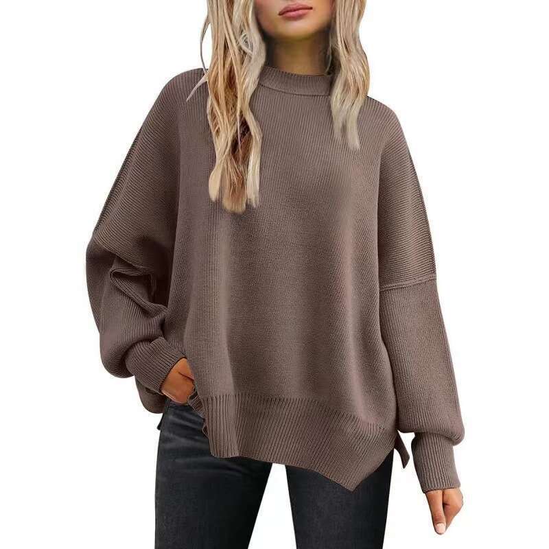 Women's round neck batwing long sleeved 2023 autumn knitted side slit pullover sweater for women